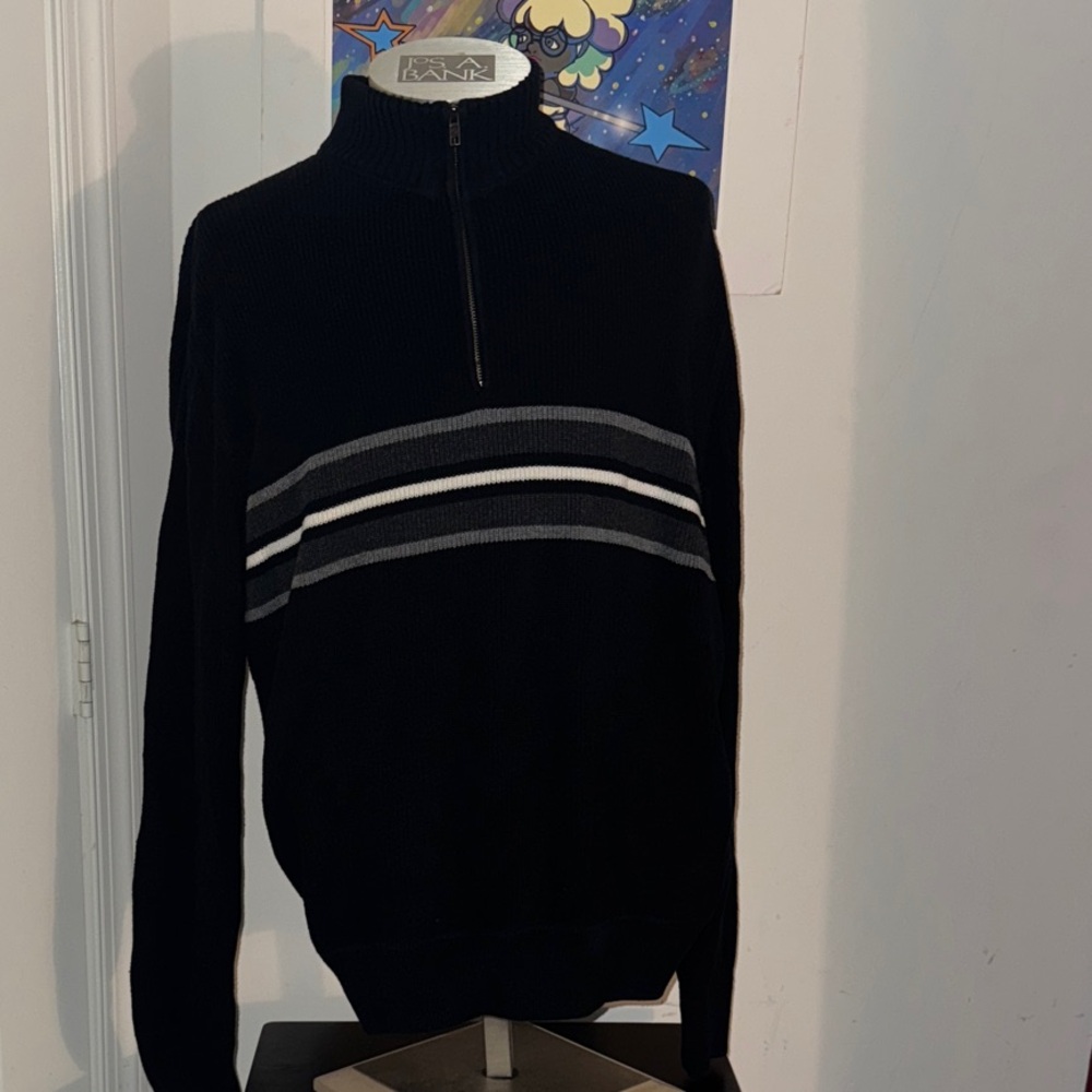 Men’s 2XLT Eddie Bauer Black, White and Gray Stripe Zip-Up Sweater